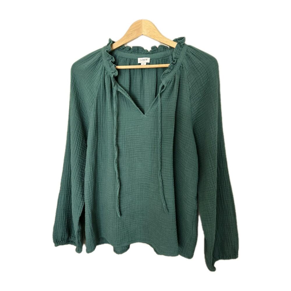 J. Crew Women's Large Gauze Top Green Ruffle Tie Neck 100% Cotton Boho